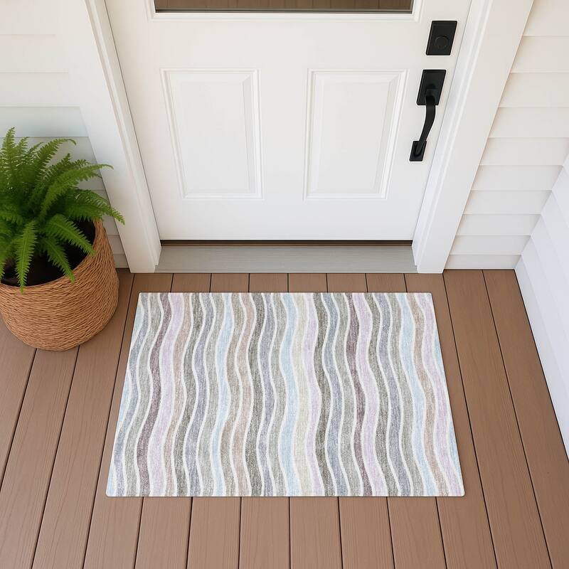 Machine Washable Indoor/ Outdoor Contemporary Stripe Chantille Rug - Tan - 1'8" x 2'6"