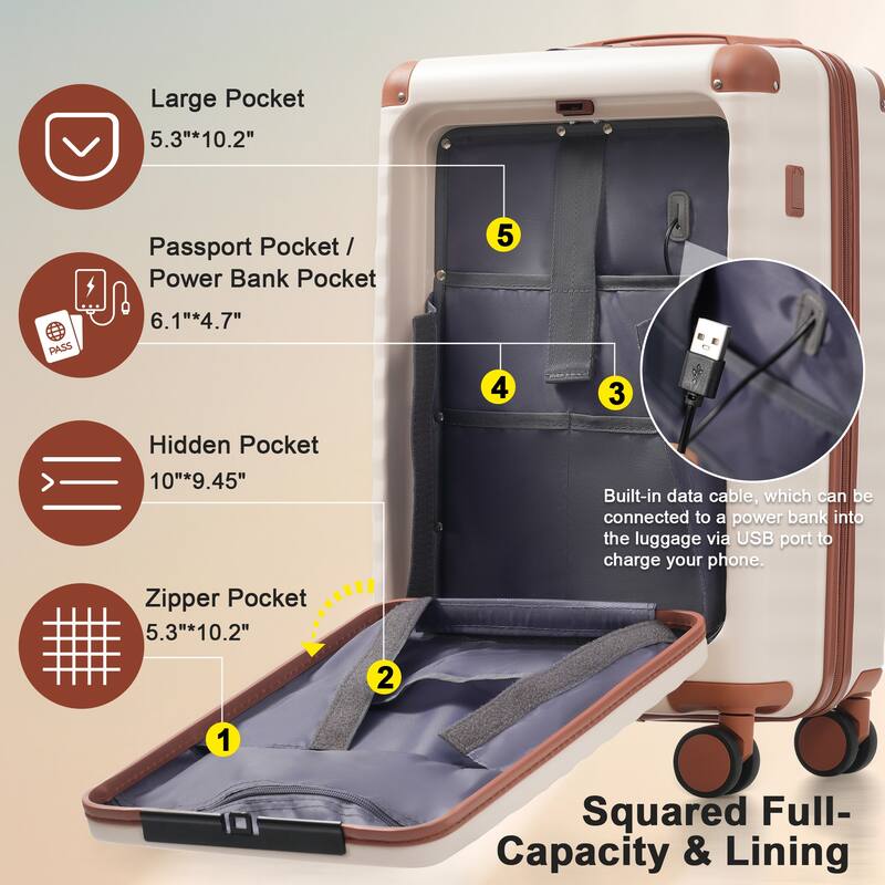 Luggage Sets 5 Piece, Expandable Carry on Suitcase with Spinner Wheels TSA Lock USB Port, Cup Holder Duffel Bag and Toiletry Bag