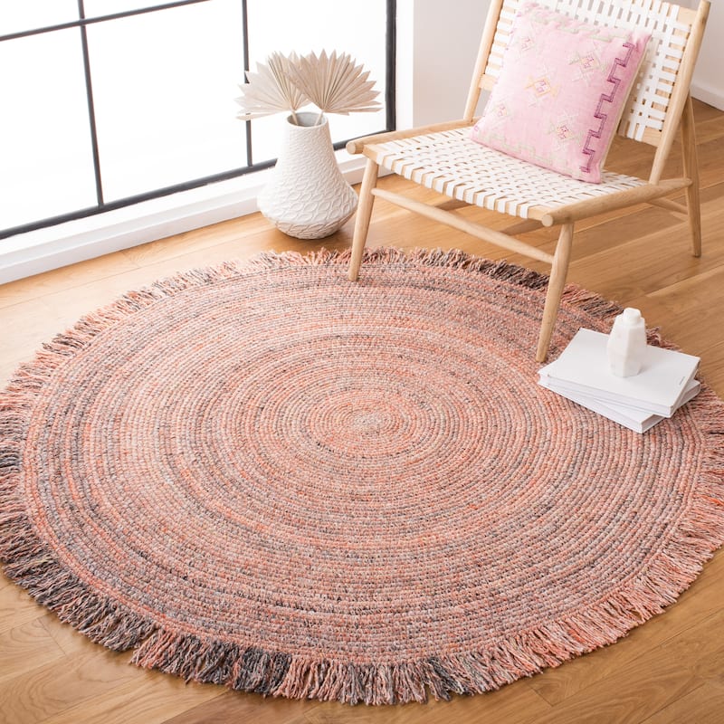 SAFAVIEH Handmade Braided Pelagia Fringe Round Rug - 5' Round - Orange/Grey