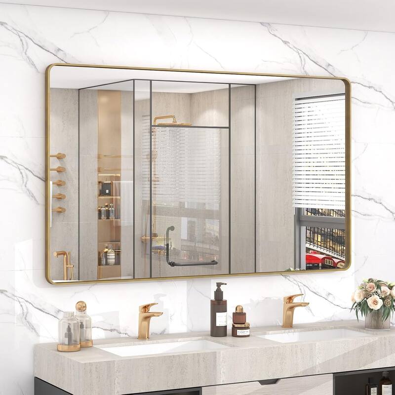 Aluminum Alloy Framed French Cleat Mounted Tempered Glass Wall Vanity Mirror - Gold - 48" x 30"
