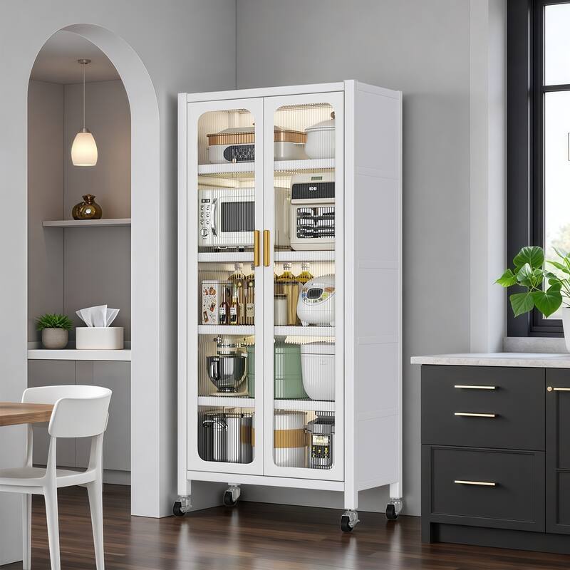 65" Kitchen Pantry Storage Cabinet, 6 Tier Metal Display Storage Cabinet with Transparent Door, Adjustable Shelves & Wheels