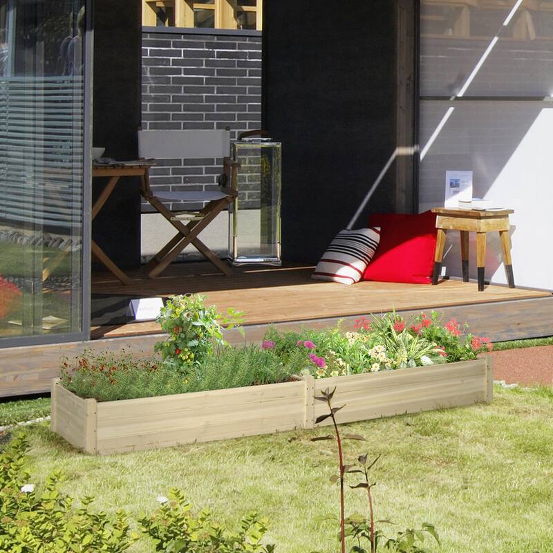 2-Section Outdoor Wooden Raised Garden Bed Fabric Liner Self-Draining