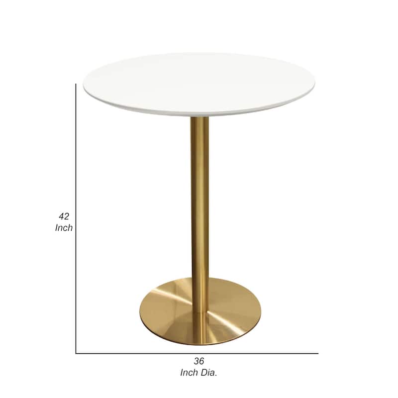 Rely Bar Height Table, 36 Inch Round White Lacquer Top, Gold Base