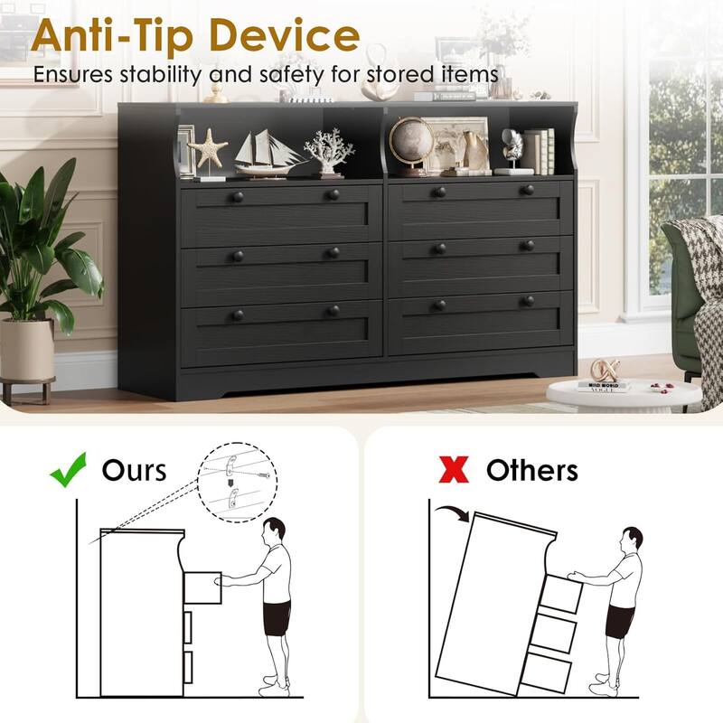 6 Drawer Dresser for Bedroom with Power Outlet and LED Light