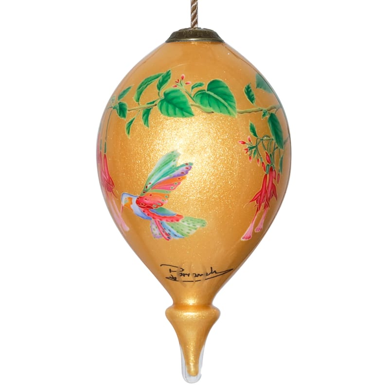 Inner Beauty Gold Hummingbirds and Flowers Hand Painted glass Ornament - N/A