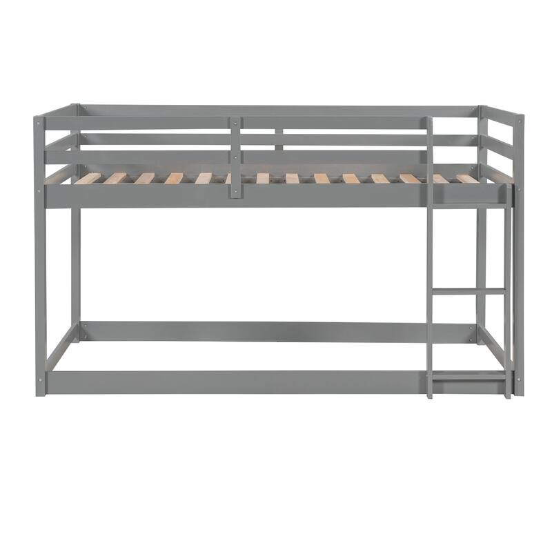 Twin over Twin Floor Bunk Bed with Ladder, Gray