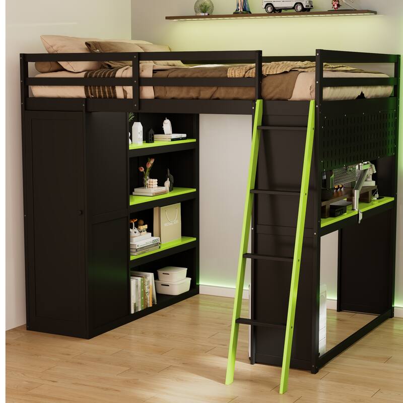 All-in-One Loft Bed Full Size Bedframe with Wardrobe, Shelves, Blackout Curtains, Pegboard, Charging Station and RGB Light Strip