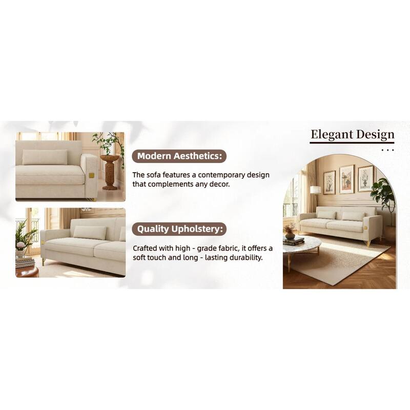 Roomfitters Mid-Century Modern Upholstered Sofa with Gold Metal Legs and Square Arms, Elegant Couch for Living Room