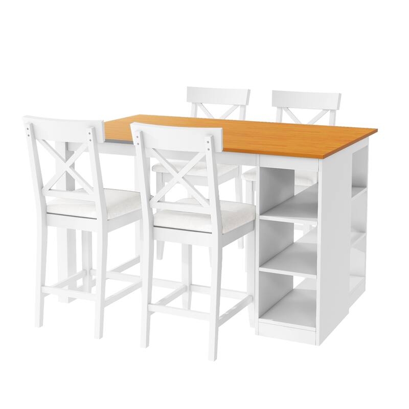 60"x30" Solid Wood Farmhouse 5-Piece Dining Set with Storage Shelves & Counter-Height Table, 4 Upholstered Chairs