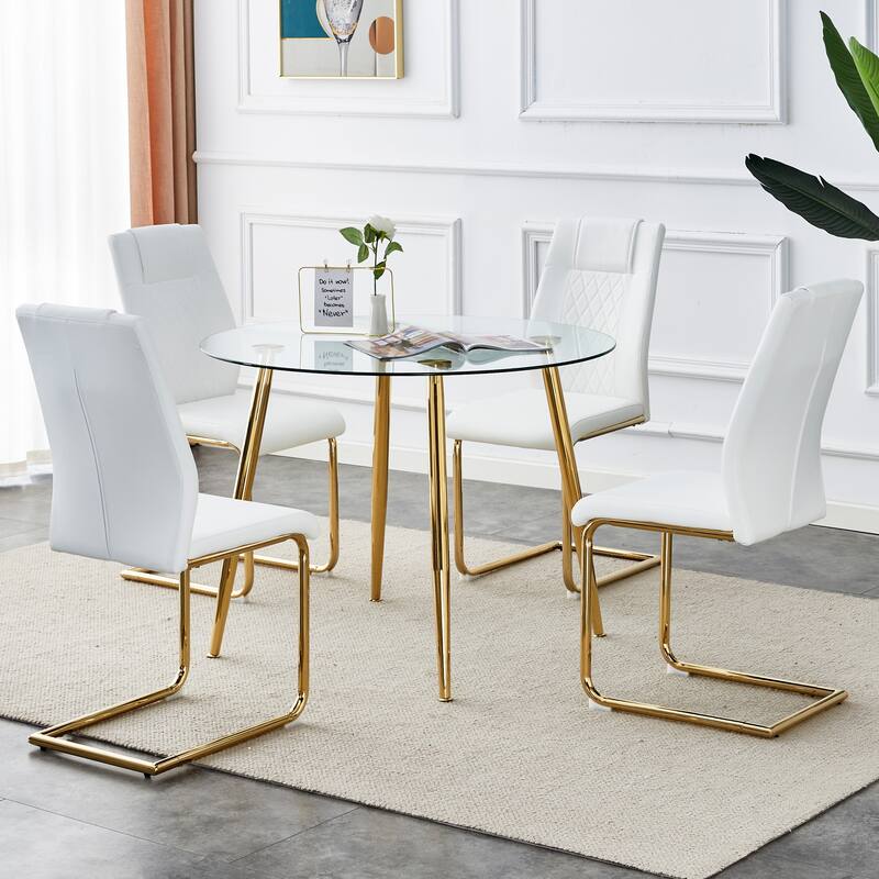 Roomfitters 5pcs Round Glass Dining Set with PU Cushioned Chairs and Gold Metal Legs, Kitchen Furniture, Golden