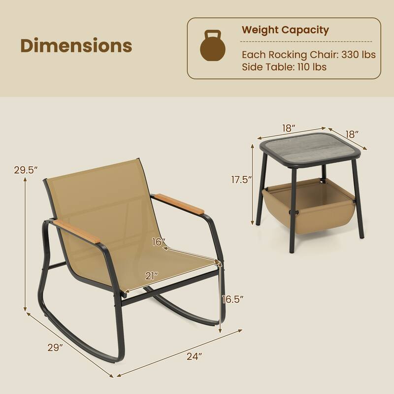 3 Piece Black-Brown Metal Fabric Patio Rocking Chairs with Table Storage - Chair: 29" x 24" x 29.5"