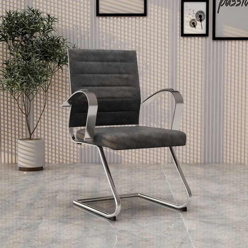 Benmar Modern Leather Office Chair with Stainless Steel Sled Base, Floor Caps, Ergonomic Desk Chair for Home Office or Workspace