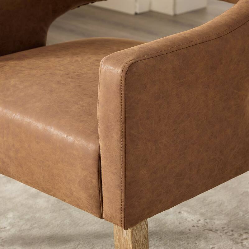 PU Leather Barrel Accent Chair, Ergonomic Lounge Reading Chair, Upholstered Armchair with Hollow Back & Solid Wood Legs