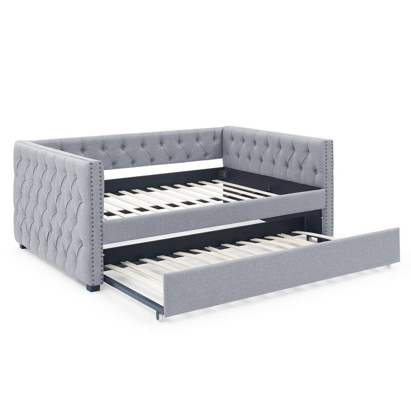 Tufted Daybed Upholstered Frame Sofa Bed with Button Copper Nail on Square Arms, and Pull-out Trundle Bed or Storage Drawers