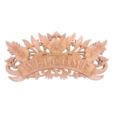 Novica Handmade Welcoming Hibiscus Wood Wall Sign