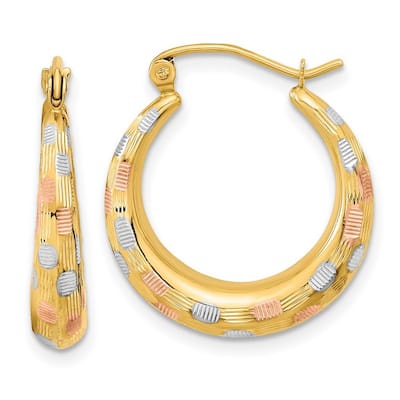 Curata 14k Yellow Gold White and Rose Rhodium Satin And Sparkle Cut Hoop Earrings 22.63x20.55mm