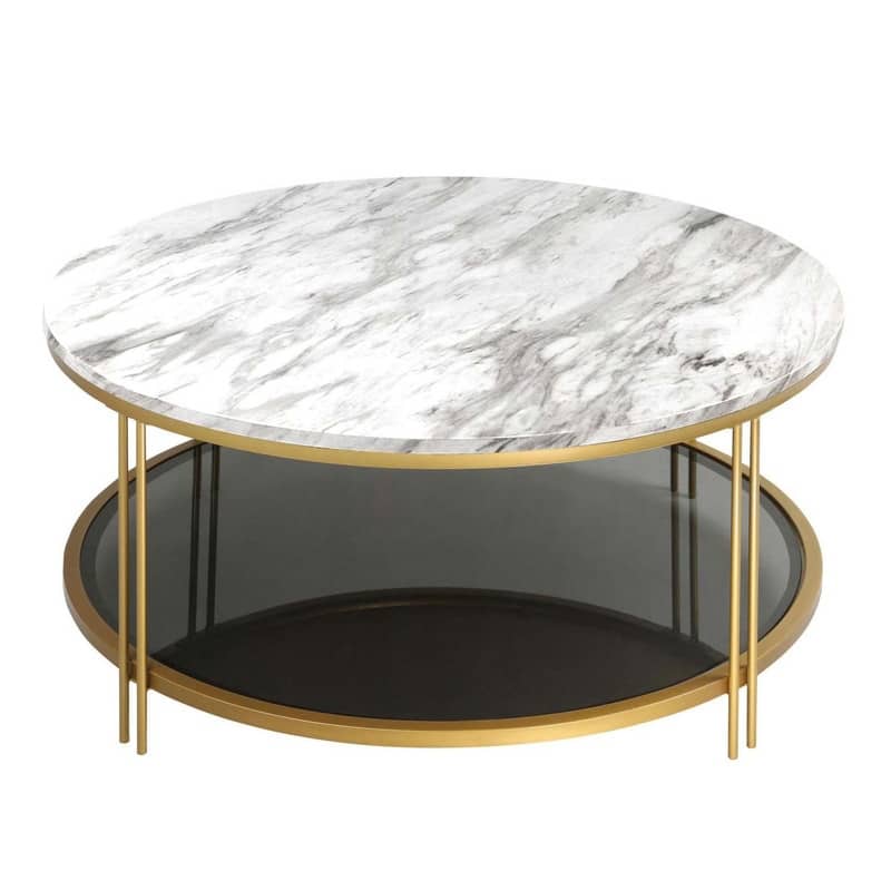 Modern Glam 36" Round Modern Cocktail Glass Coffee Table Storage Shelf with 4 Gold Cross Legs Faux Marble Veneer