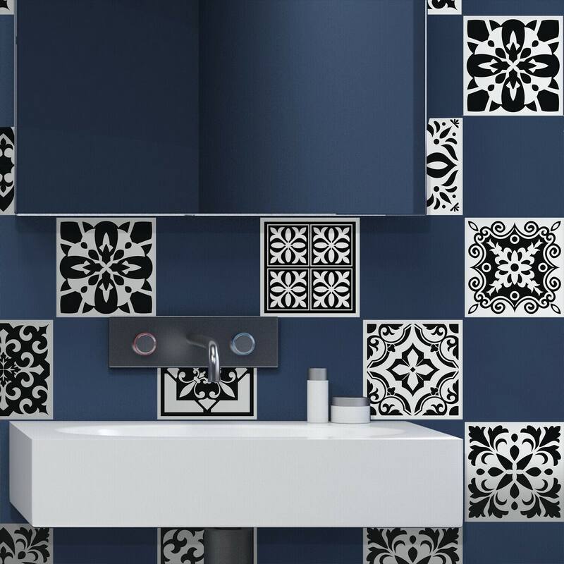 Walplus Calli Black White Mediterranean Wall Tile Stickers Peel and Stick