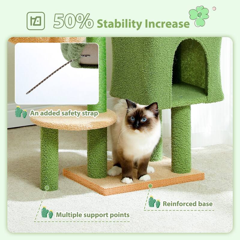 Cat Tree Tower w/Sisal Scratching Post, Condo, Large Top Perch, Hammock & 2 Dangling Balls - Green