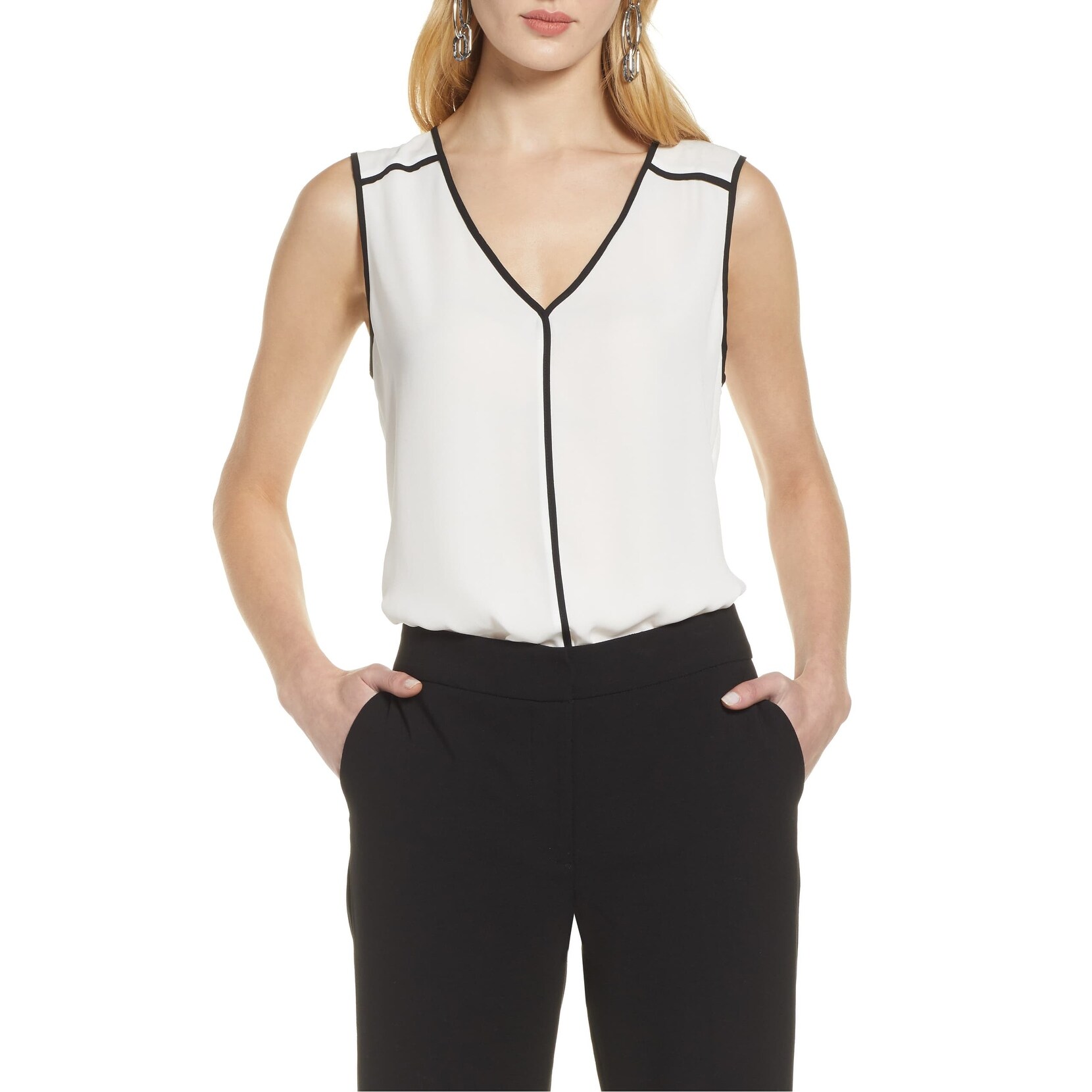 Shop Halogen Women S Top White Black Size Xs Petite Tank V Neck