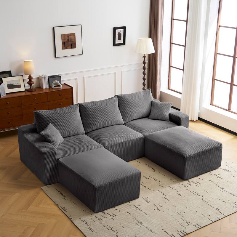 GDFStudio - Olivia Morgan Ultra-Soft Modular 110-Inch L-Shaped Cloud Sofa With No-Assembly, Full-Compression Comfort - Grey + 2 Ottoman