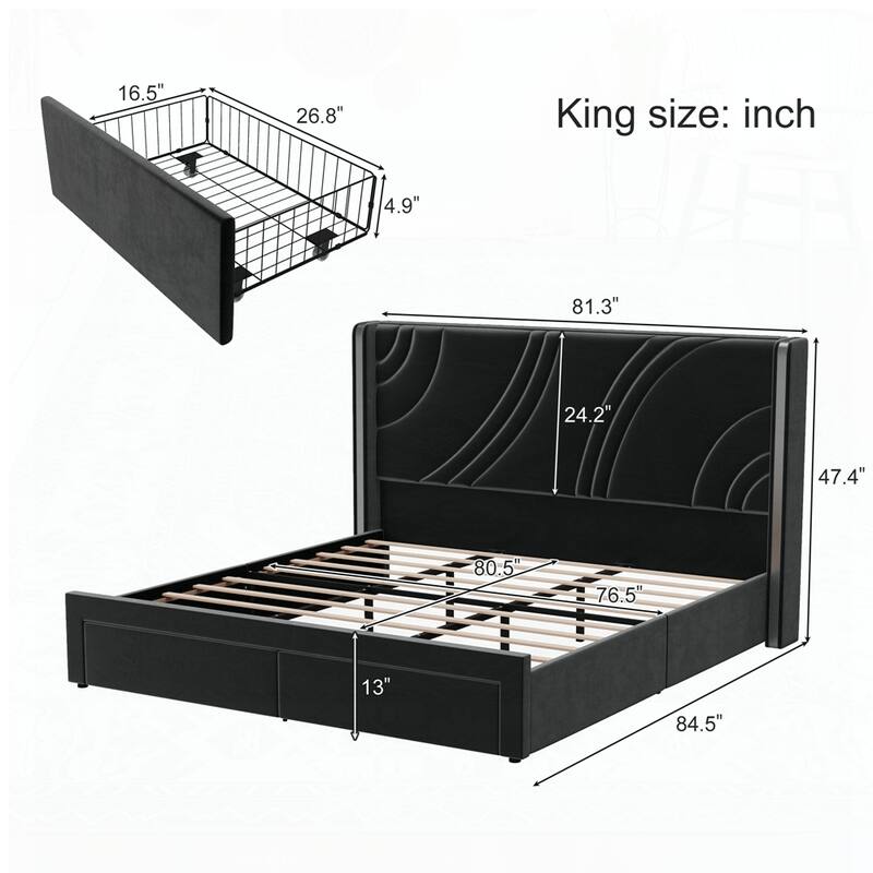 Velvet Platform Bed with Wingback Headboard and RGB Light