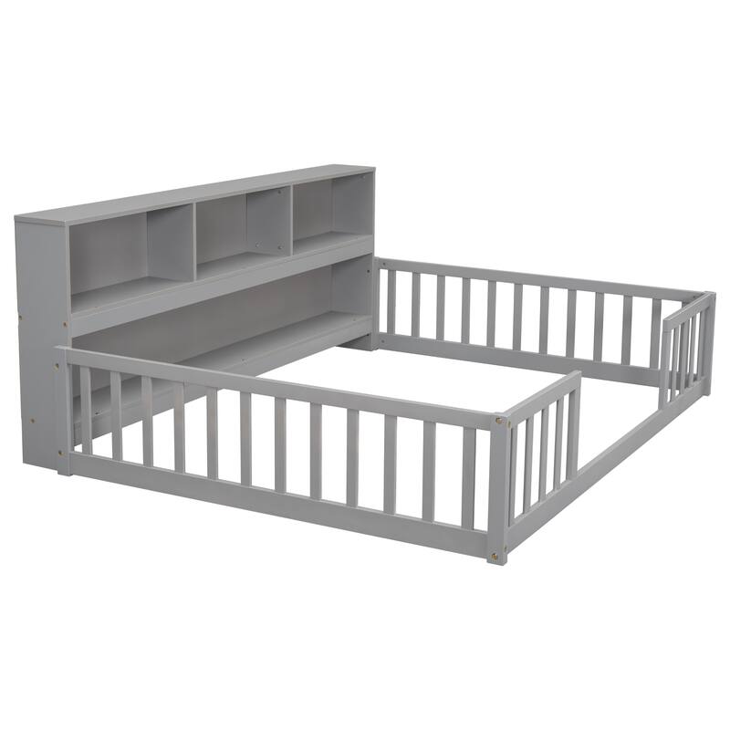 Floor Bed with Side Bookcase, Shelves, Guardrails