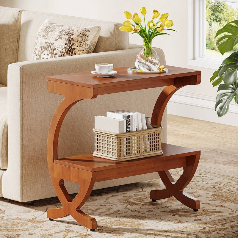 Modern 2-Tier Wood End Table with Curved Crossed Legs