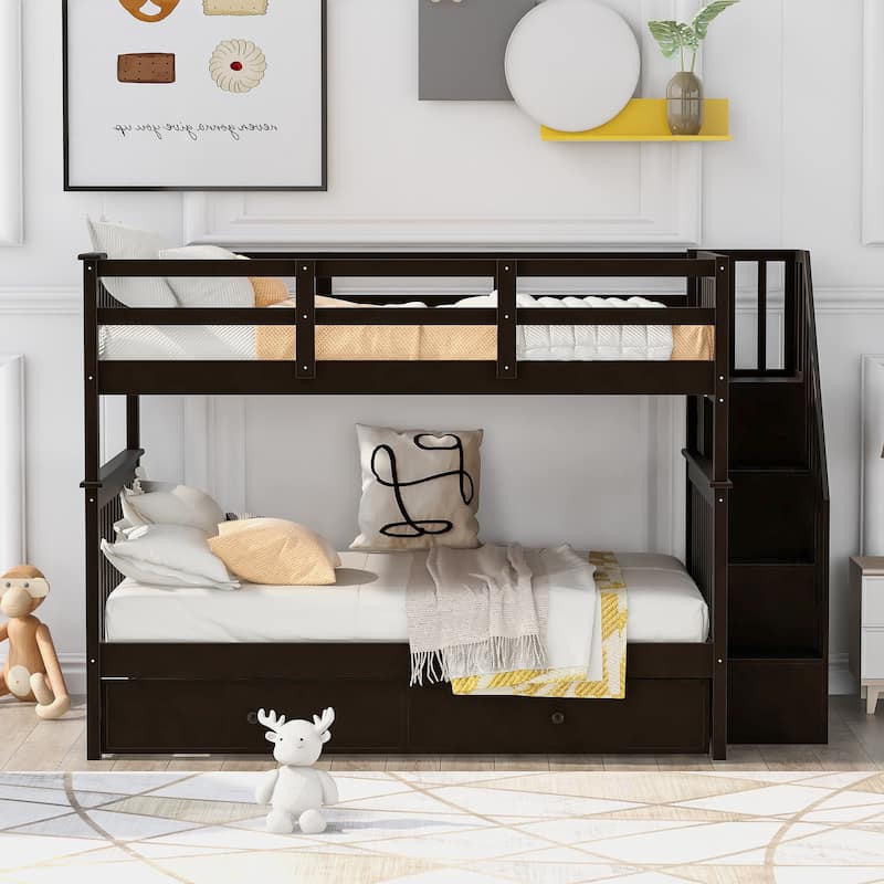 Full-Over-Full Bunk Bed with Twin Trundle, Storage, and Guard Rail in Espresso Finish