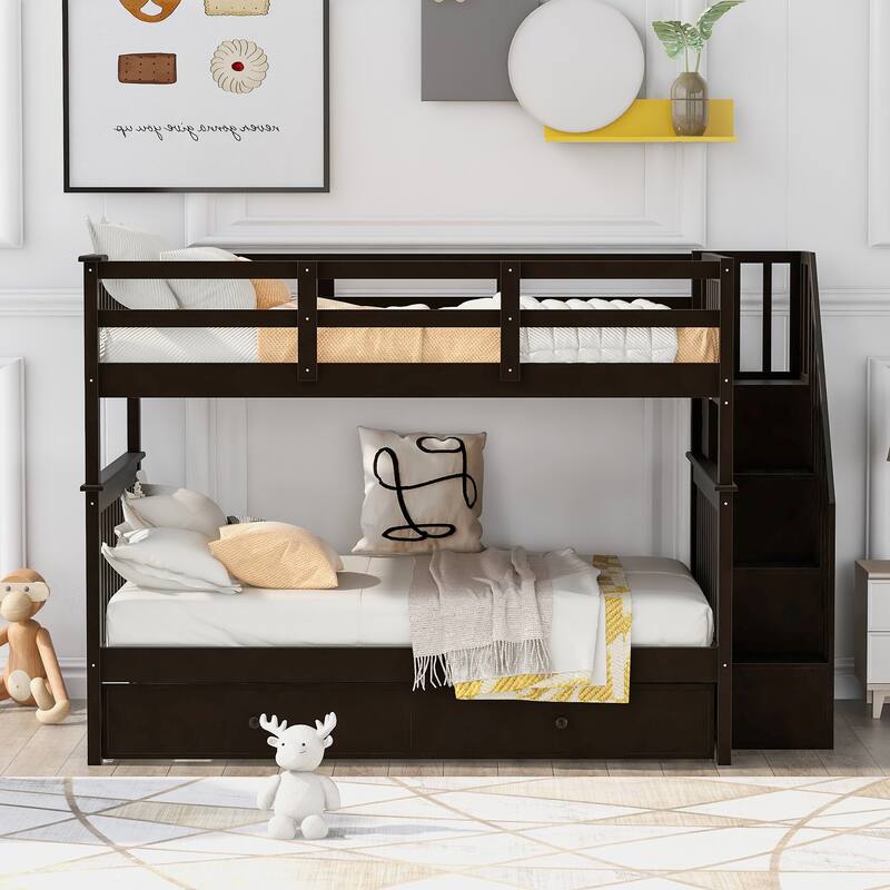 Full Pine Bunk Bed with Trundle and Storage Stairs