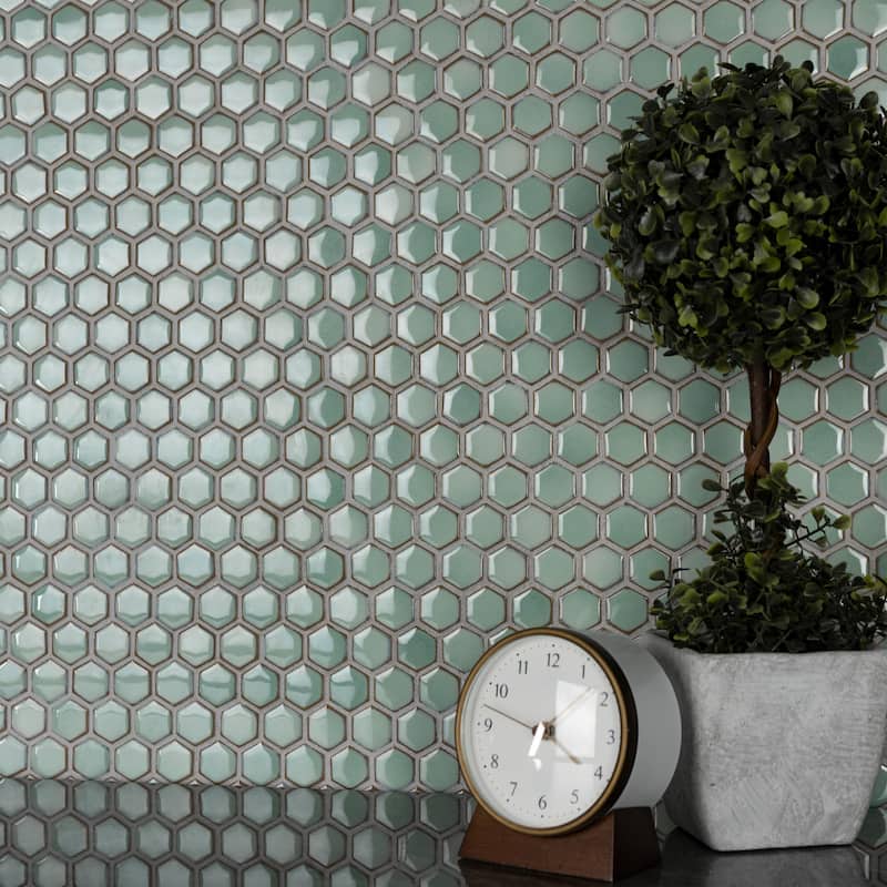 Merola Tile Hudson 1" Hex Mint Green 11-7/8" x 13-1/4" Porcelain Mosaic Floor and Wall Tile