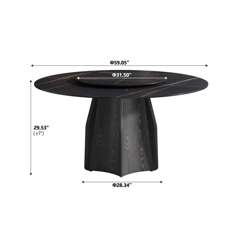 59.05'' Modern Round Sintered Stone Table Top Black Wood Pedestal with Lazy Susan