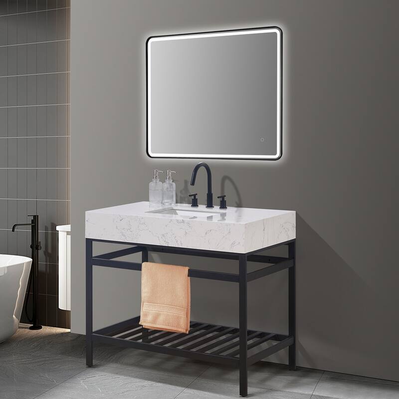 Altair Merano Stainless Steel Vanity Console with Stone Countertop and Mirror