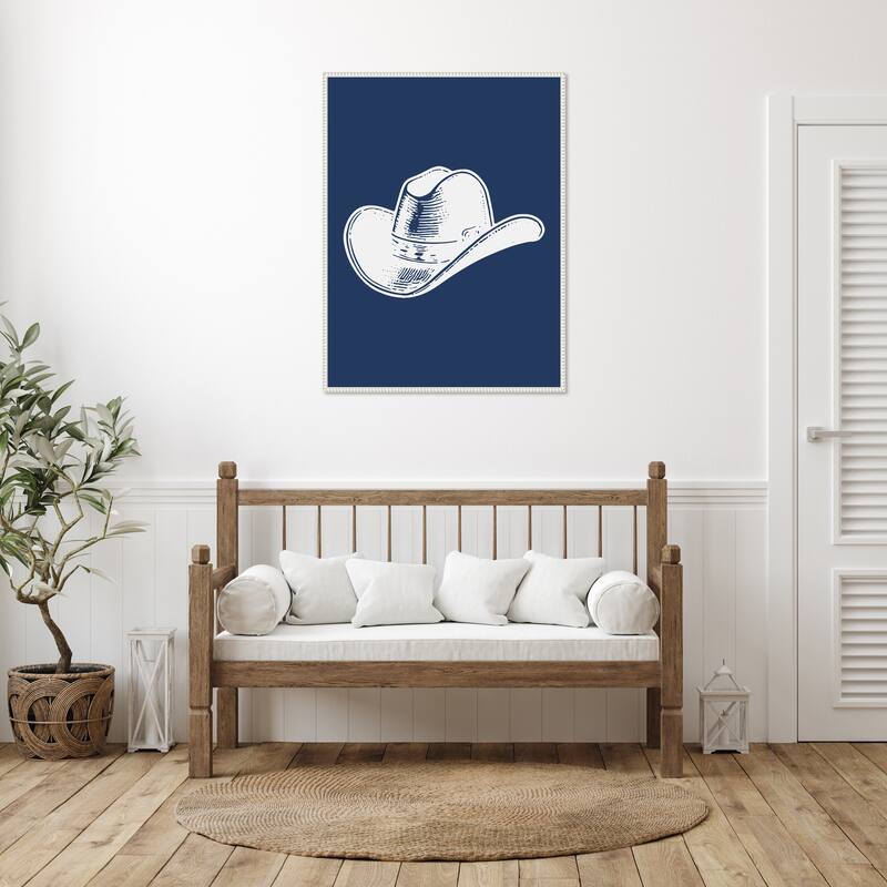 Navy Blue Cowboy Hat by Jolly and Dash Framed Canvas Wall Art Print - Sylvie Beaded White