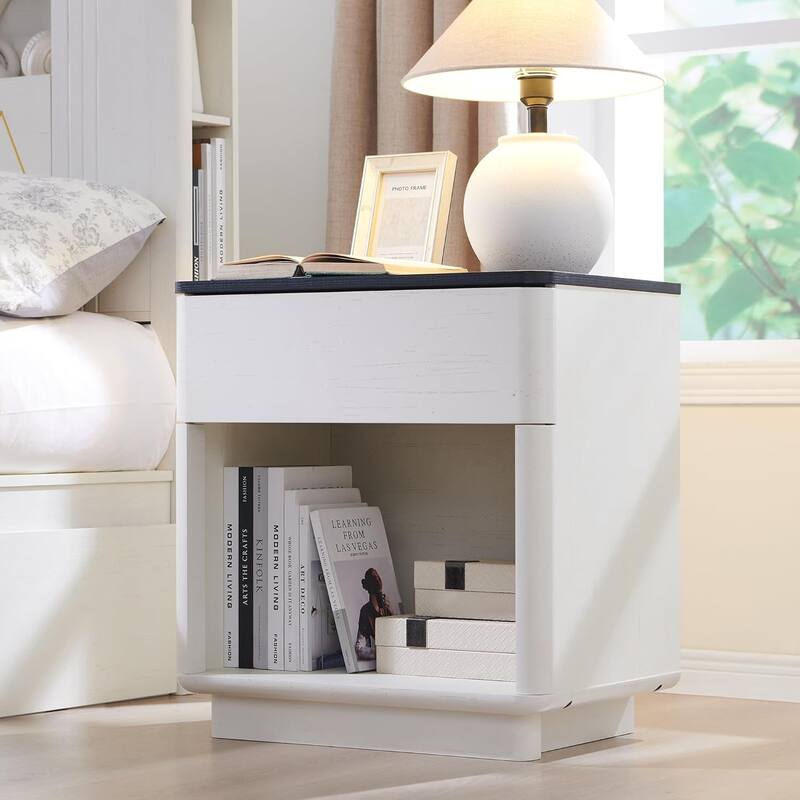 Modern Nightstand with Charging Station, End Table, Wood Beside Table