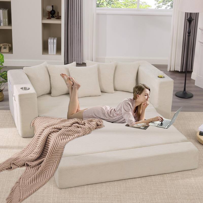2-in-1 Convertible Sleeper Sofa, Floor Folding Couch, Sofa Bed with Side Pocket, Pull Out Loveseat with Cup Holders - Beige