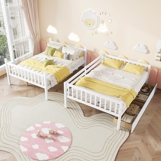 Full over Full Rubber Wood Bunk Bed w/ 2 Drawers, Convertible into 2 Full Beds, Full Size Loft Bed with Ladder, White