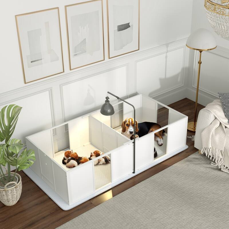 PawHut Whelping Box for Dogs, Newborn Puppy Supplies with Retractable Light Stand, Waterproof Pee Pad, 77" x 38"