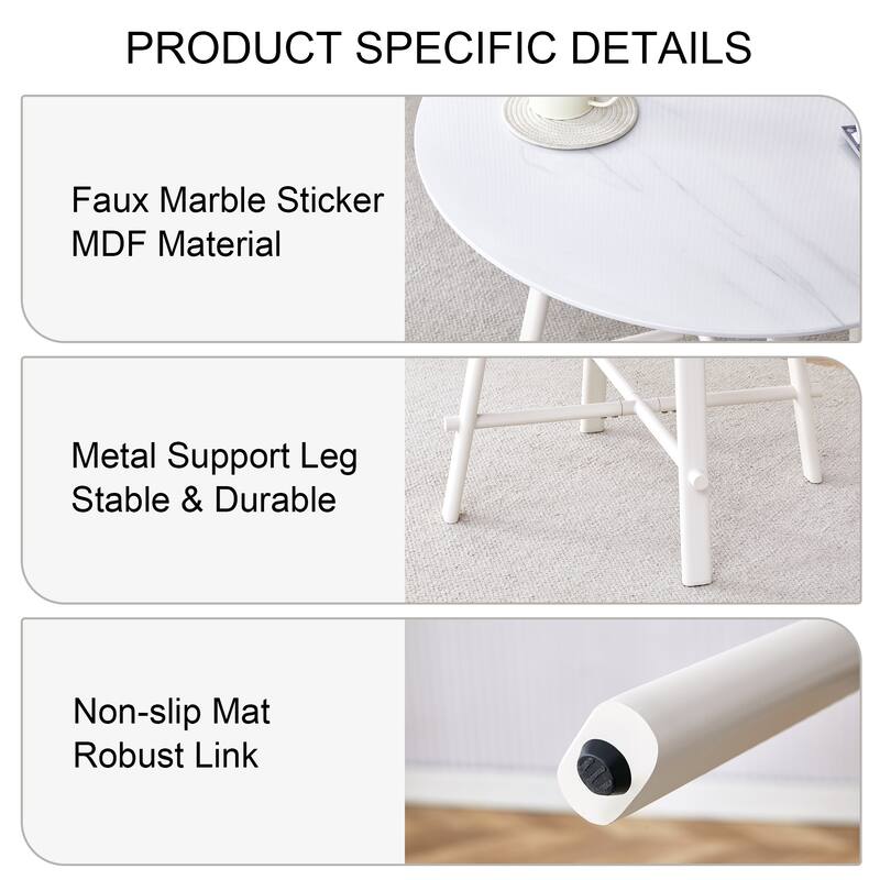 A modern minimalist circular dining table with a 42 inch diameter white patterned tabletop and white metal legs