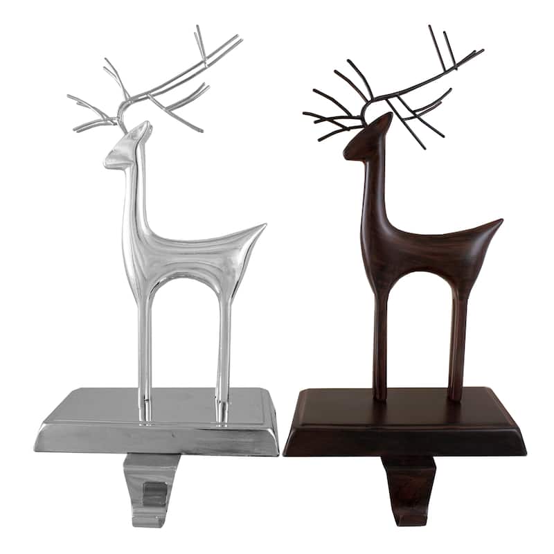 Set of 2 Oil Rubbed Bronze Silver Reindeer Christmas Stocking Holders