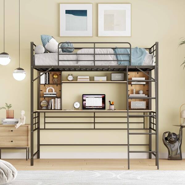 slide 2 of 45, Metal Wooden Loft Bed with Desk Black-Full Size
