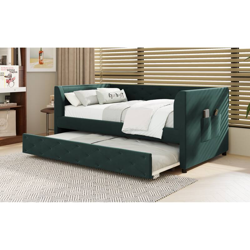 Twin Velvet Tufted Daybed with Trundle & Storage - 400LB Capacity