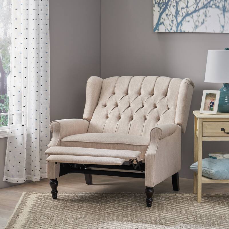 Roomfitters Tufted Wingback Recliner Chair with Rolled Arms and Turned Wood Legs, Lounge Accent Chair for Living Room