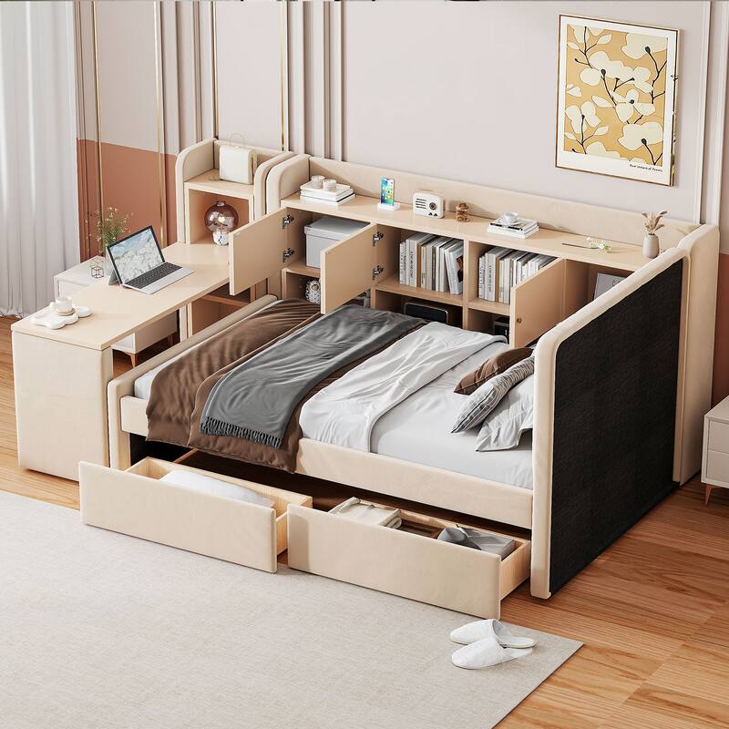 Twin Size Upholstered Daybed with Drawers, Shelves, Flip Cabinets & Side Table, Beige