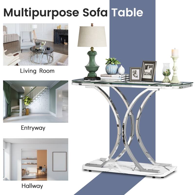 Myhozm 43.31 inches Glass Console Table with Geometric Base, Entrance Side Table for Hallway, Living Room