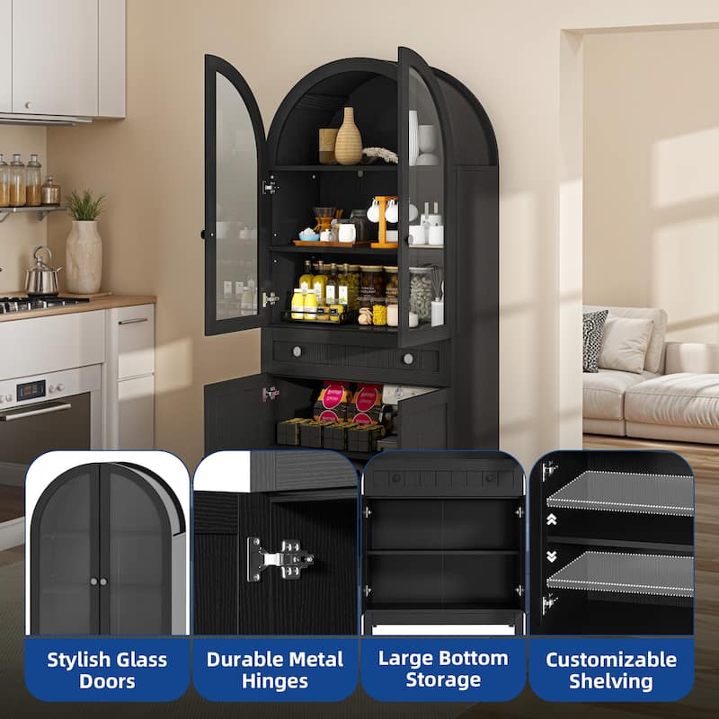 Moasis 71" Tall Farmhouse Arched Kitchen Pantry with Large Drawers And Adjustable Shelves