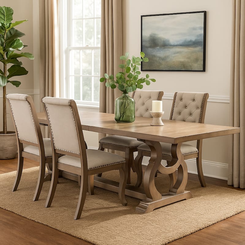 Sev 5pc Dining Table Set, 84-104 Inch Brown Top, 4 Cream Fabric Chairs