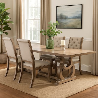 Sev 5pc Dining Table Set, 84-104 Inch Brown Top, 4 Cream Fabric Chairs