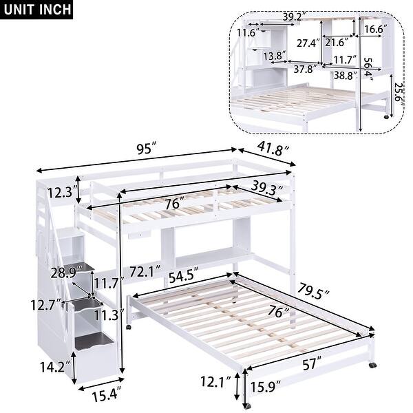 Twin over Full Bunk Bed with Storage Staircase, Desk, Shelves and