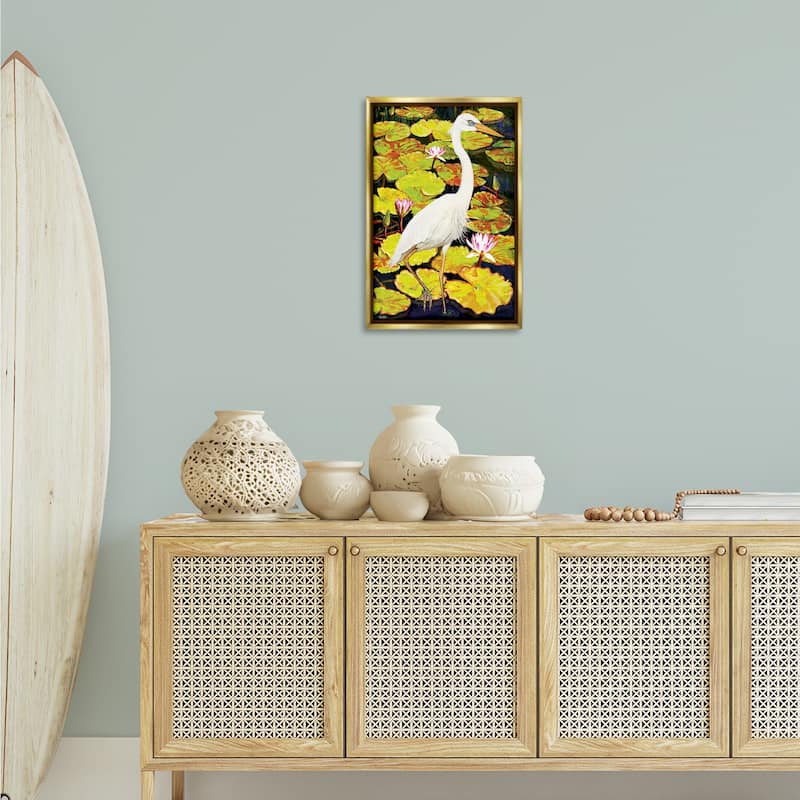 Stupell Stepping Bird on Lily Pads Framed Floater Canvas Wall Art Design By Rosiland Solomon